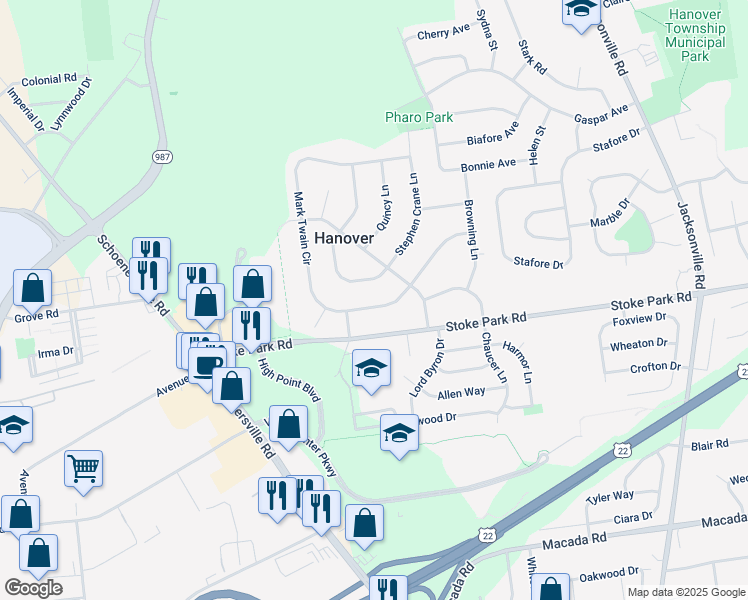 map of restaurants, bars, coffee shops, grocery stores, and more near 1660 Mark Twain Circle in Bethlehem