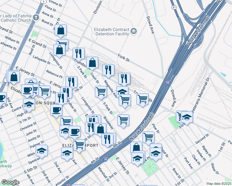 map of restaurants, bars, coffee shops, grocery stores, and more near 559 Magnolia Avenue in Elizabeth