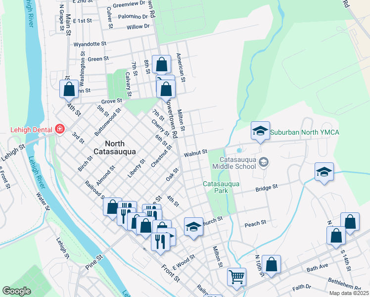 map of restaurants, bars, coffee shops, grocery stores, and more near 625 Howertown Road in Catasauqua