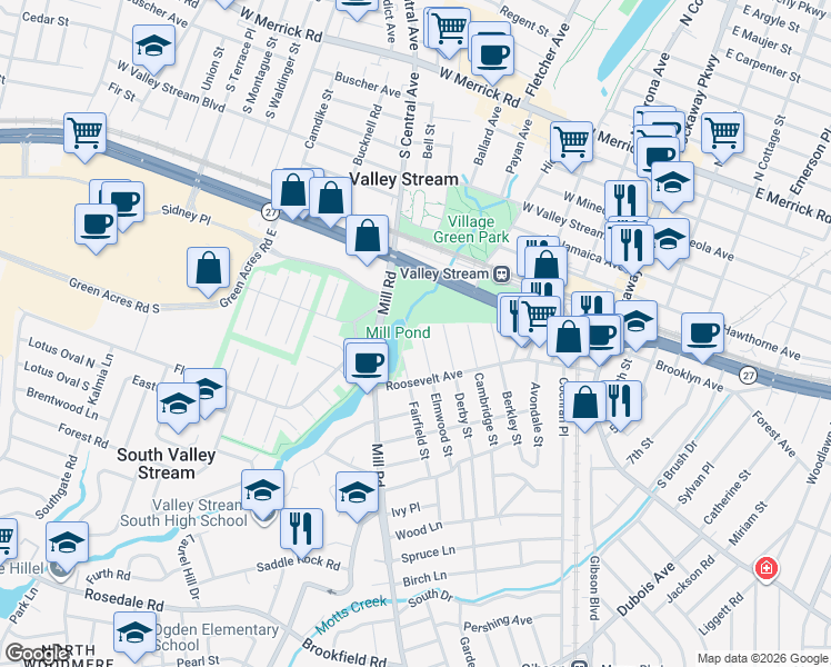 map of restaurants, bars, coffee shops, grocery stores, and more near 44 Fairfield Street in Valley Stream
