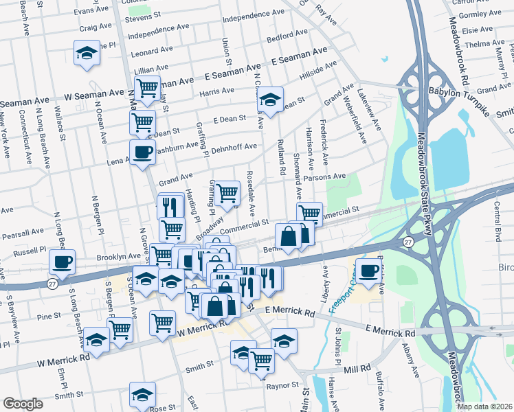 map of restaurants, bars, coffee shops, grocery stores, and more near 75 Commercial Street in Freeport
