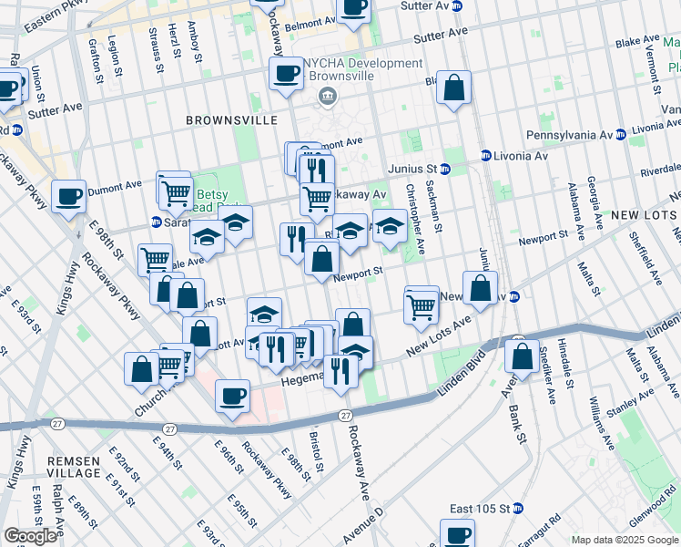 map of restaurants, bars, coffee shops, grocery stores, and more near 841 Rockaway Avenue in Brooklyn