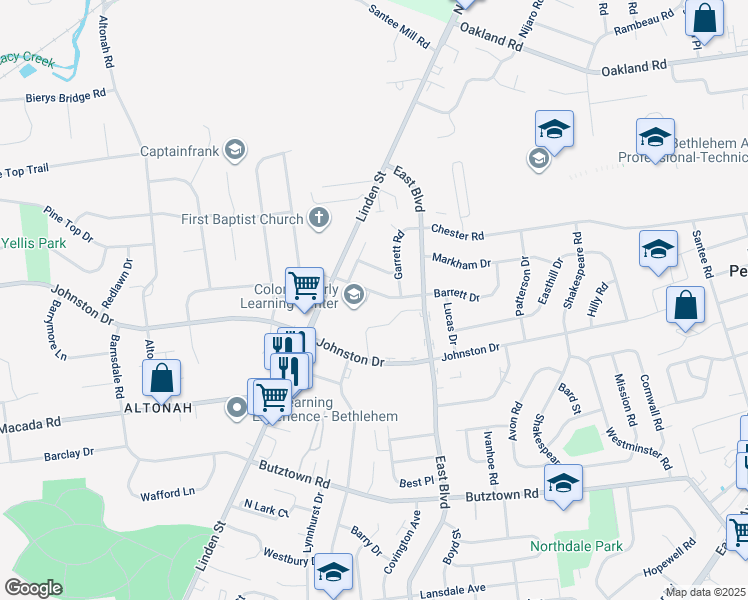 map of restaurants, bars, coffee shops, grocery stores, and more near 1516 Thompson Avenue in Bethlehem