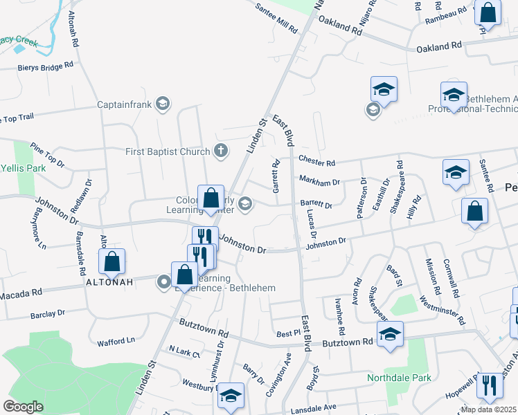 map of restaurants, bars, coffee shops, grocery stores, and more near 1516 Thompson Avenue in Bethlehem