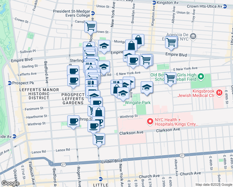 map of restaurants, bars, coffee shops, grocery stores, and more near 19 Miami Court in Brooklyn