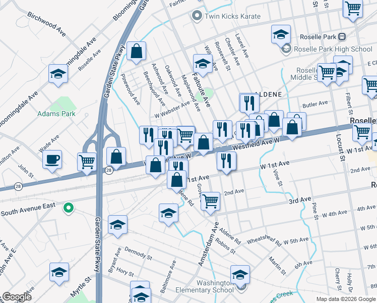 map of restaurants, bars, coffee shops, grocery stores, and more near 124 Bridge Street in Roselle Park