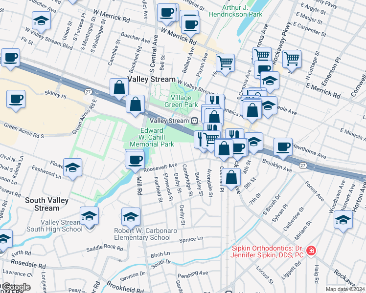 map of restaurants, bars, coffee shops, grocery stores, and more near 17 Cambridge Street in Valley Stream