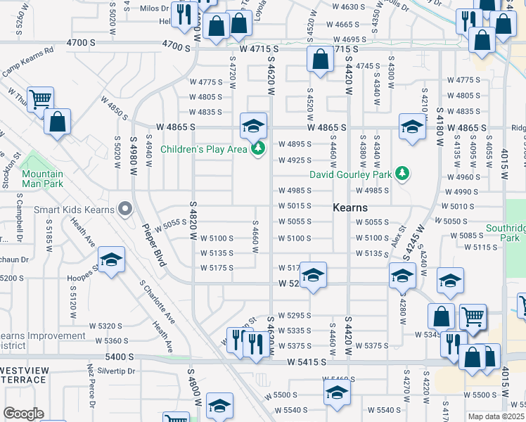 map of restaurants, bars, coffee shops, grocery stores, and more near 4641 West 5015 South in Kearns