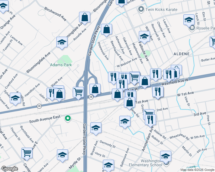 map of restaurants, bars, coffee shops, grocery stores, and more near 25 Carpenter Place in Cranford