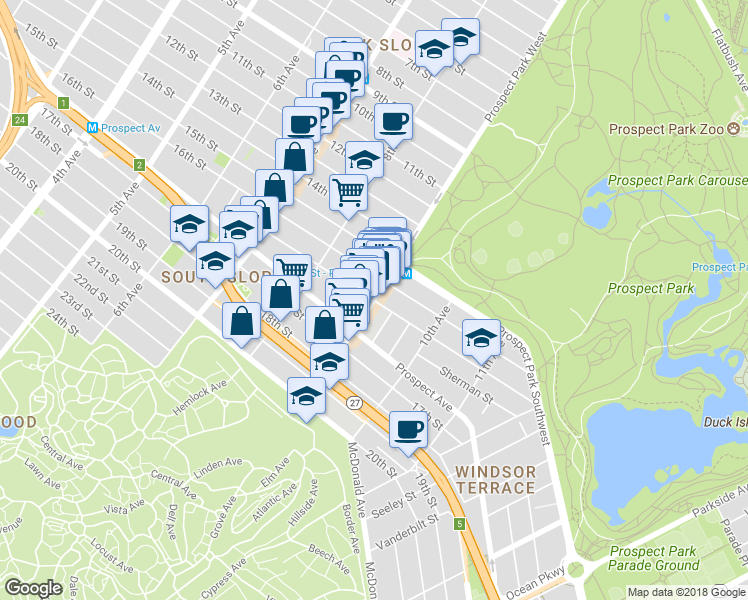 map of restaurants, bars, coffee shops, grocery stores, and more near Prospect Park West & Windsor Pl in Brooklyn