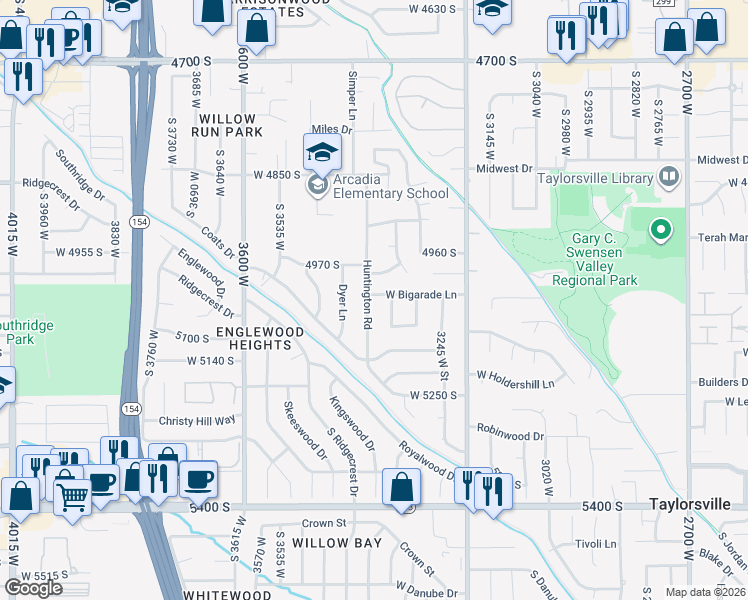 map of restaurants, bars, coffee shops, grocery stores, and more near 4992 Huntington Road in Salt Lake City