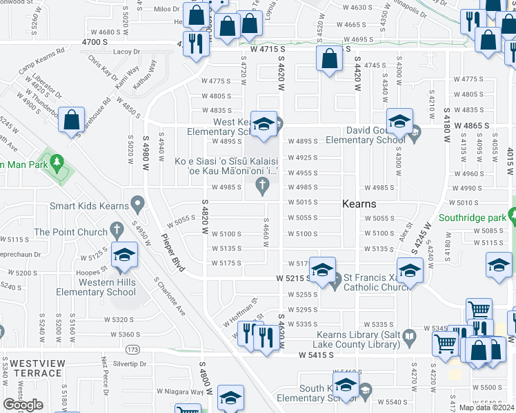 map of restaurants, bars, coffee shops, grocery stores, and more near 4660 West 5015 South in Kearns