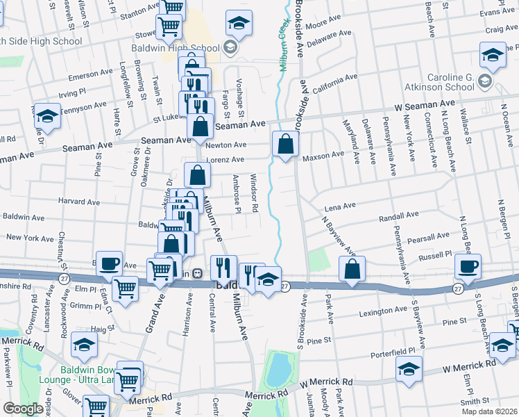 map of restaurants, bars, coffee shops, grocery stores, and more near 2043 Windsor Road in Baldwin