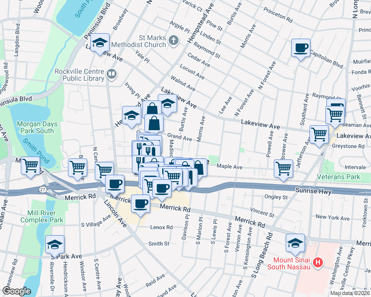 map of restaurants, bars, coffee shops, grocery stores, and more near 76 Grand Avenue in Rockville Centre