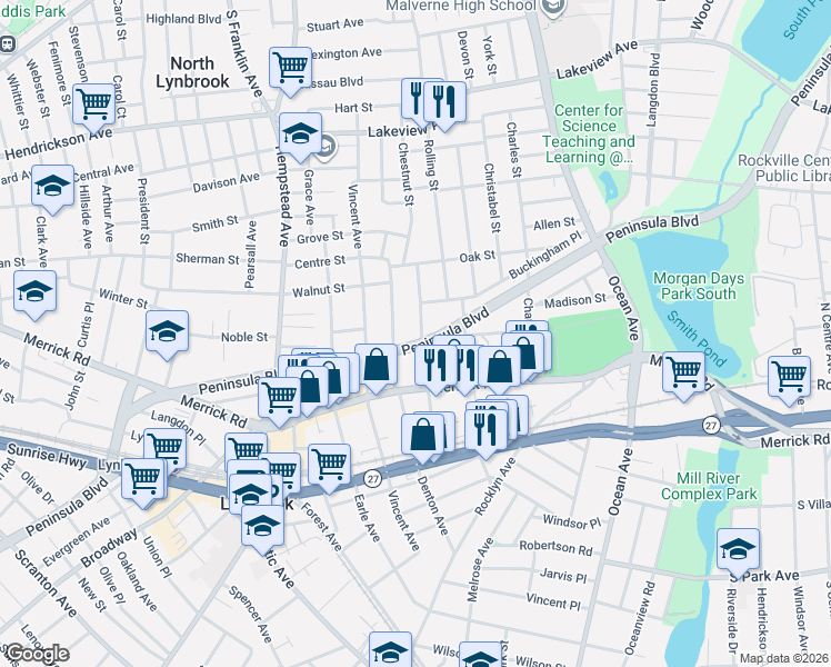 map of restaurants, bars, coffee shops, grocery stores, and more near 6 Buckingham Place in Lynbrook