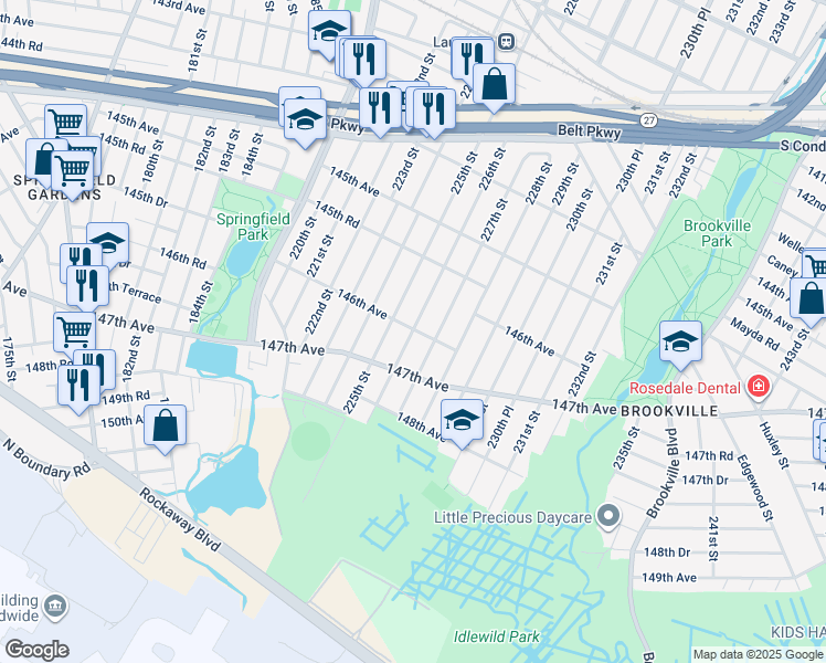 map of restaurants, bars, coffee shops, grocery stores, and more near 145-84 226th Street in Queens