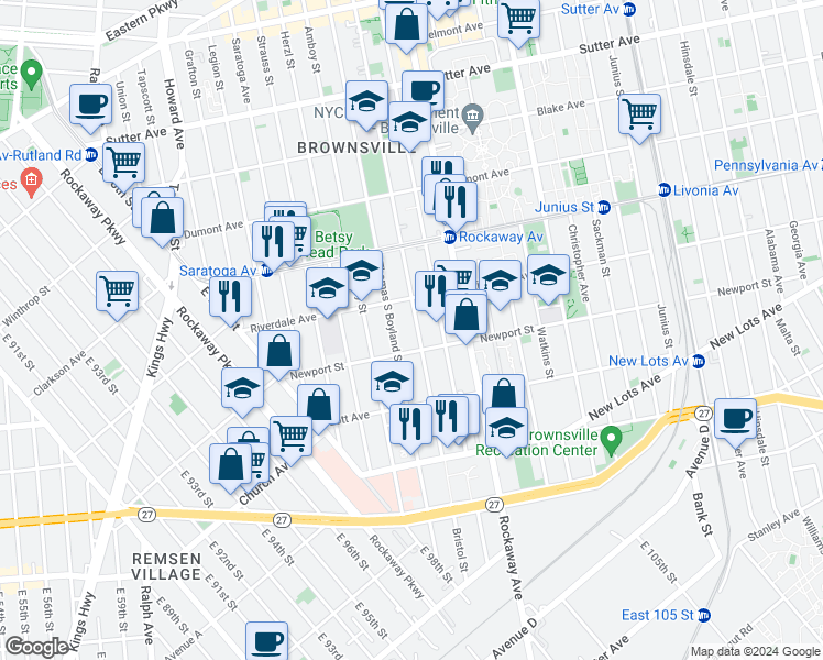map of restaurants, bars, coffee shops, grocery stores, and more near 156 Riverdale Avenue in Brooklyn