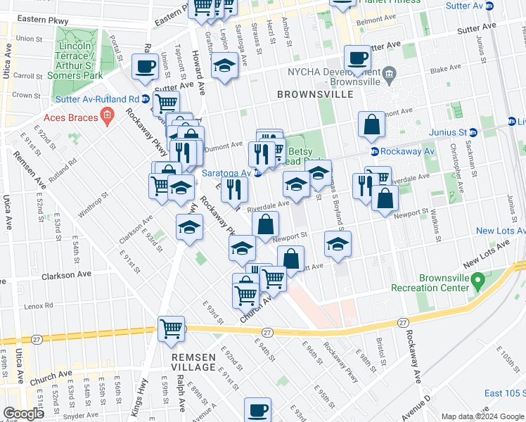 map of restaurants, bars, coffee shops, grocery stores, and more near 822 Saratoga Avenue in Brooklyn