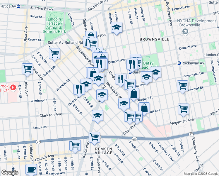 map of restaurants, bars, coffee shops, grocery stores, and more near 268 East 98th Street in Brooklyn