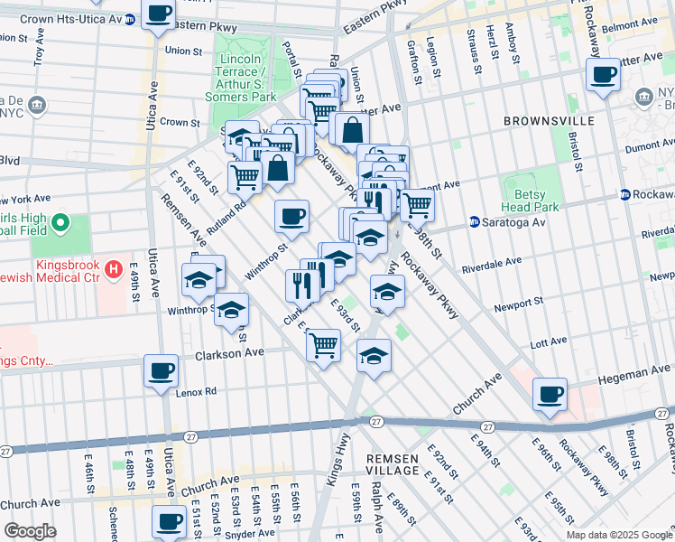 map of restaurants, bars, coffee shops, grocery stores, and more near 229 East 94th Street in Brooklyn