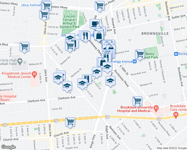 map of restaurants, bars, coffee shops, grocery stores, and more near 229 East 94th Street in Brooklyn