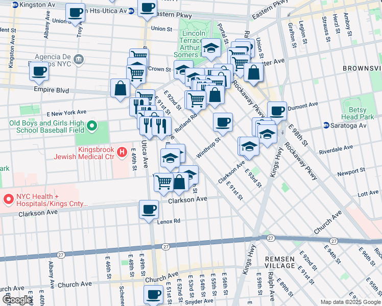 map of restaurants, bars, coffee shops, grocery stores, and more near 162 East 91st Street in Brooklyn