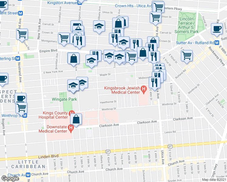 map of restaurants, bars, coffee shops, grocery stores, and more near 685 Rutland Road in Brooklyn