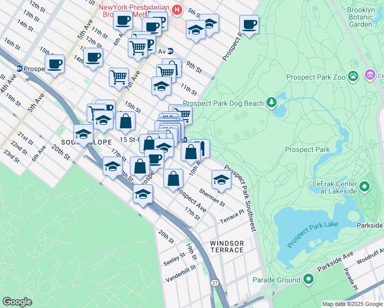 map of restaurants, bars, coffee shops, grocery stores, and more near 31 Prospect Park Southwest in Brooklyn