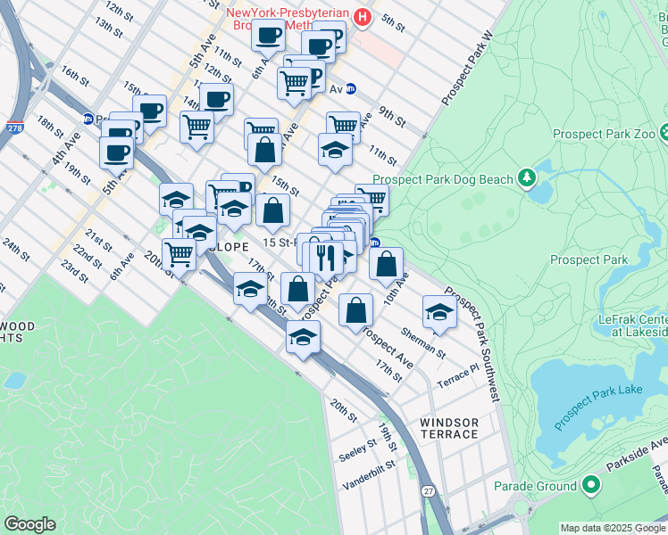 map of restaurants, bars, coffee shops, grocery stores, and more near 107 Windsor Place in Brooklyn
