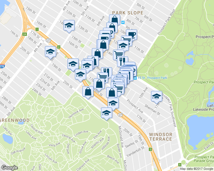 map of restaurants, bars, coffee shops, grocery stores, and more near 72 Windsor Place in Brooklyn