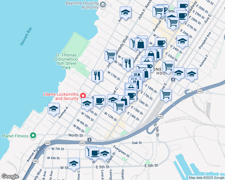 map of restaurants, bars, coffee shops, grocery stores, and more near 76 West 16th Street in Bayonne
