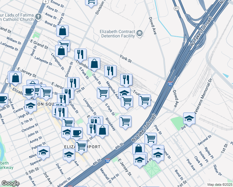 map of restaurants, bars, coffee shops, grocery stores, and more near 615 Magnolia Avenue in Elizabeth