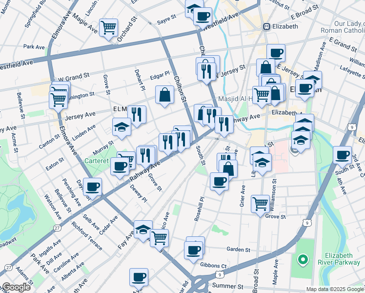 map of restaurants, bars, coffee shops, grocery stores, and more near 232-234 Vine Street in Elizabeth