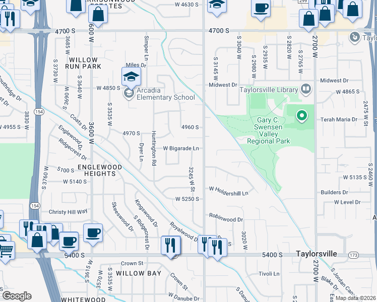 map of restaurants, bars, coffee shops, grocery stores, and more near 3257 West Bigarade Lane in Salt Lake City