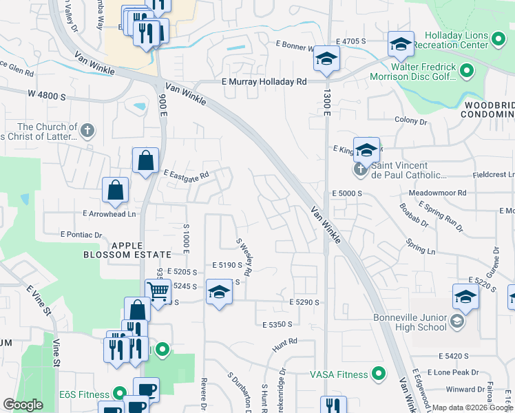 map of restaurants, bars, coffee shops, grocery stores, and more near 5013 South 1065 East in Salt Lake City