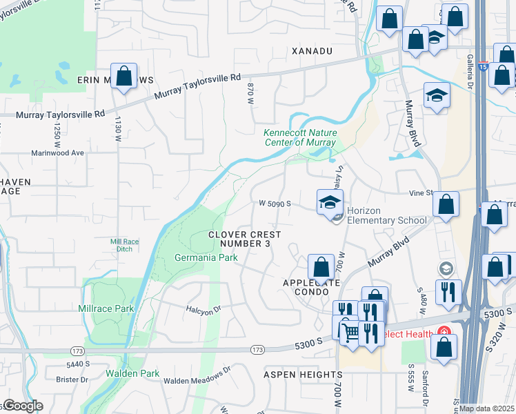 map of restaurants, bars, coffee shops, grocery stores, and more near 863 Germania Avenue in Murray