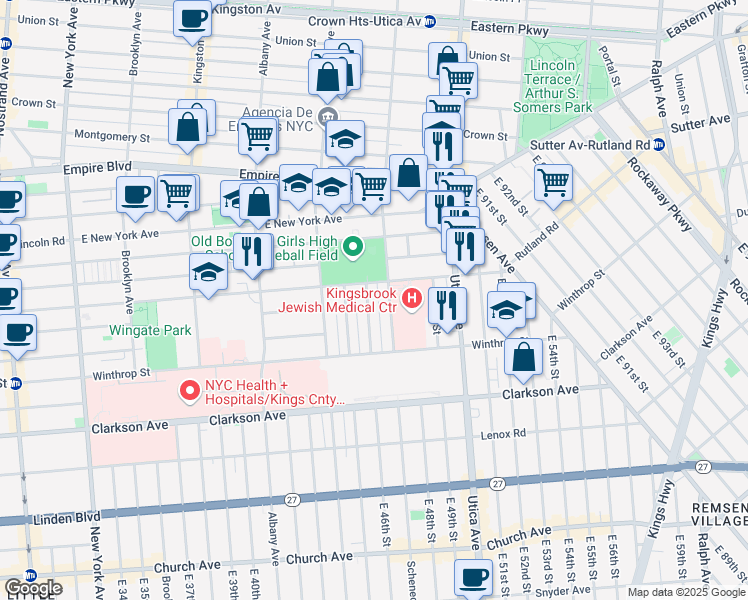 map of restaurants, bars, coffee shops, grocery stores, and more near 91 East 46th Street in Brooklyn