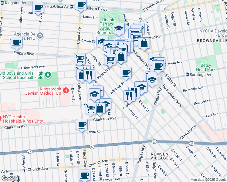map of restaurants, bars, coffee shops, grocery stores, and more near Winthrop St & E 91st St in Brooklyn