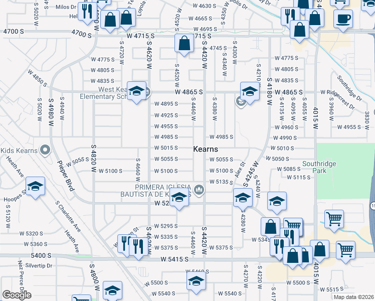 map of restaurants, bars, coffee shops, grocery stores, and more near 4481 West 5015 South in Kearns
