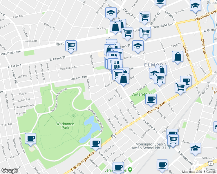 map of restaurants, bars, coffee shops, grocery stores, and more near 734 Canton Street in Elizabeth