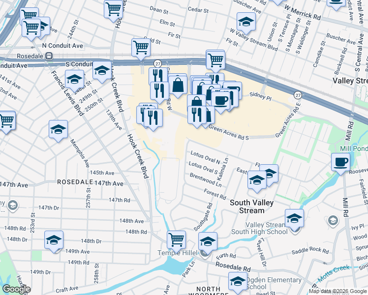 map of restaurants, bars, coffee shops, grocery stores, and more near 113 Forest Road in Valley Stream