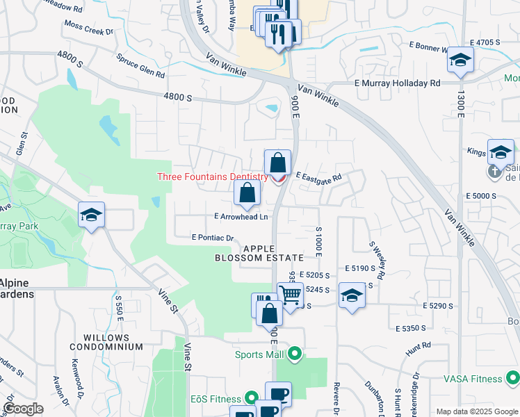 map of restaurants, bars, coffee shops, grocery stores, and more near 875 East Arrowhead Lane in Murray
