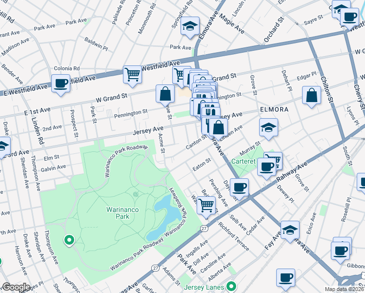 map of restaurants, bars, coffee shops, grocery stores, and more near 753 Canton Street in Elizabeth