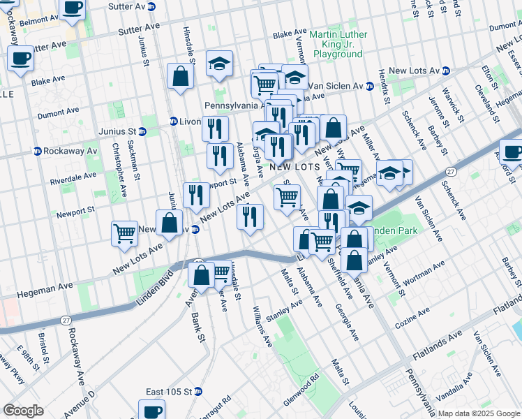 map of restaurants, bars, coffee shops, grocery stores, and more near 654 Georgia Avenue in Brooklyn