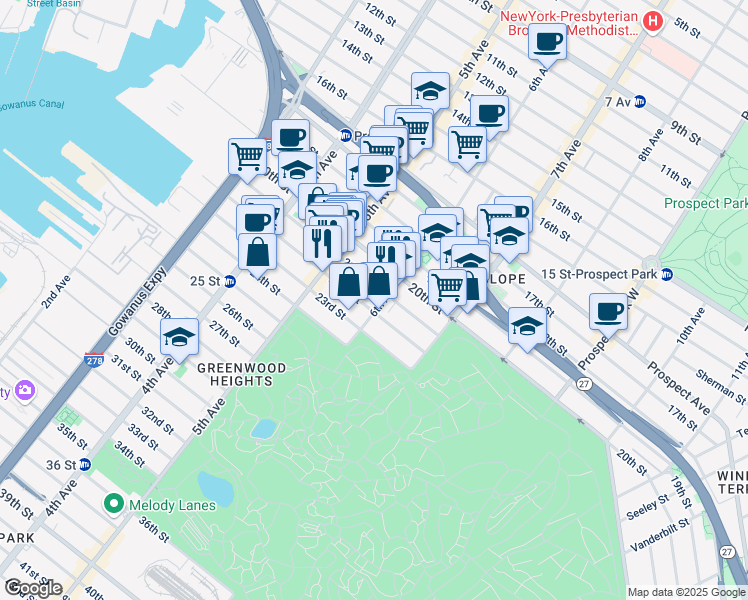 map of restaurants, bars, coffee shops, grocery stores, and more near 283 21st Street in Brooklyn