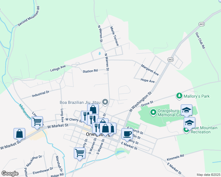 map of restaurants, bars, coffee shops, grocery stores, and more near 538 North Warren Street in Orwigsburg