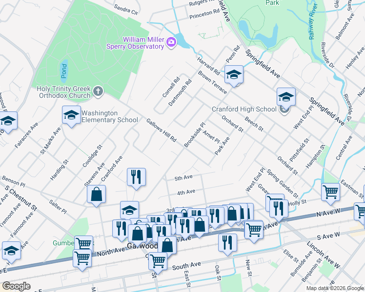 map of restaurants, bars, coffee shops, grocery stores, and more near 595 Brookside Place in Cranford