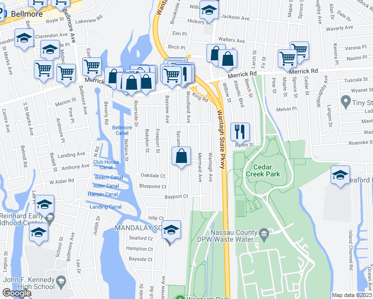 map of restaurants, bars, coffee shops, grocery stores, and more near 2452 Woodland Avenue in Wantagh