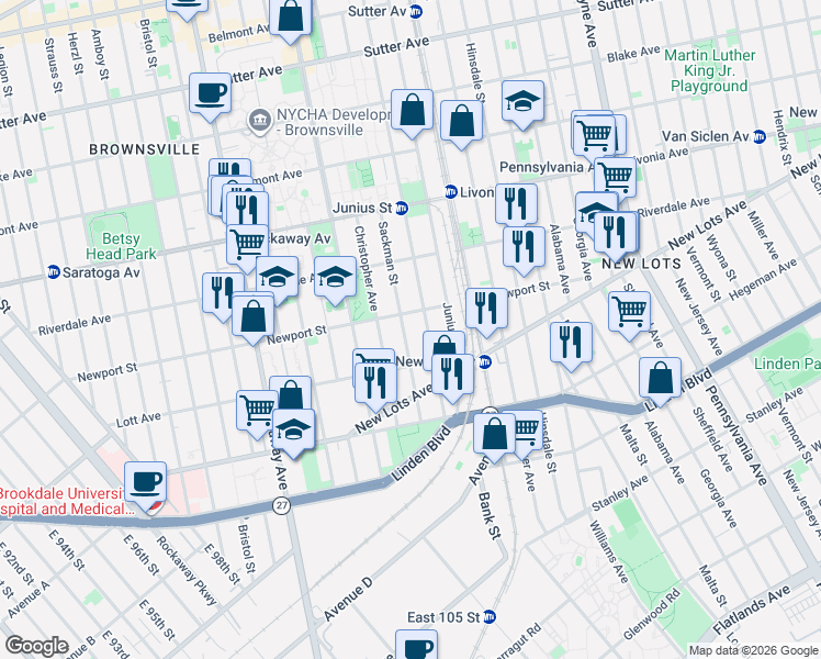 map of restaurants, bars, coffee shops, grocery stores, and more near 558 Powell Street in Brooklyn