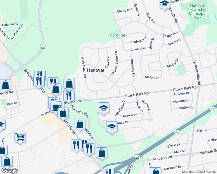 map of restaurants, bars, coffee shops, grocery stores, and more near 1632 Mark Twain Circle in Bethlehem
